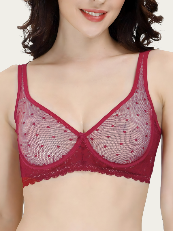 Soutien-gorge transparent rouge à pois armatures et dentelle