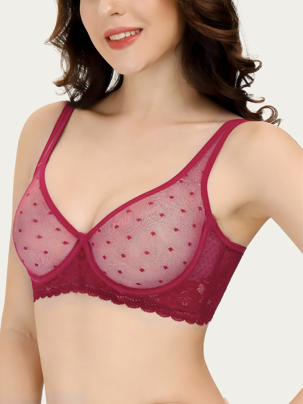 Soutien-gorge transparent rouge à pois armatures et dentelle